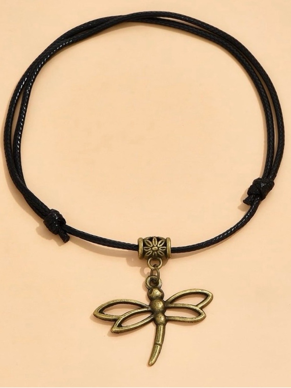 Dragonfly Charm Cord Bracelet - Black and Antique Gold Bronze